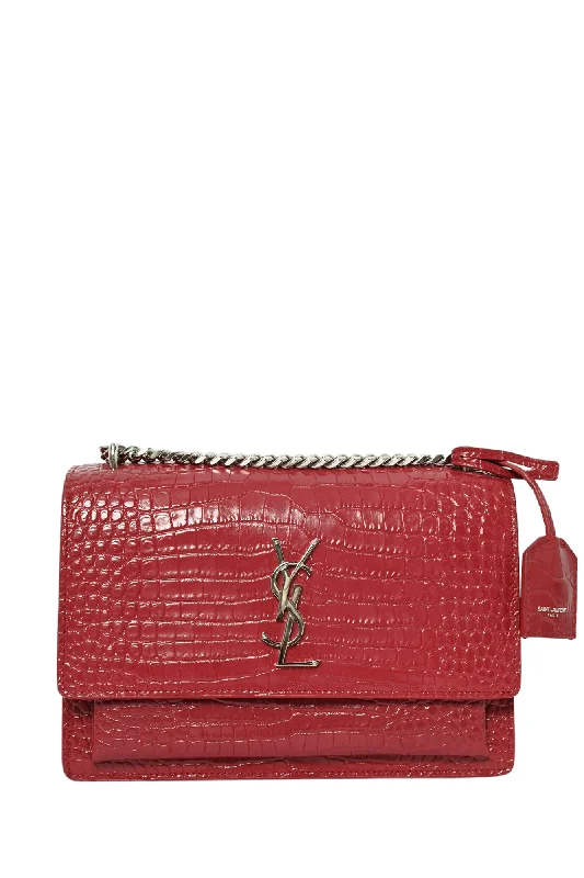 Saint Laurent Red Croc Embossed Leather 'Sunset'Medium Crossbody Bag