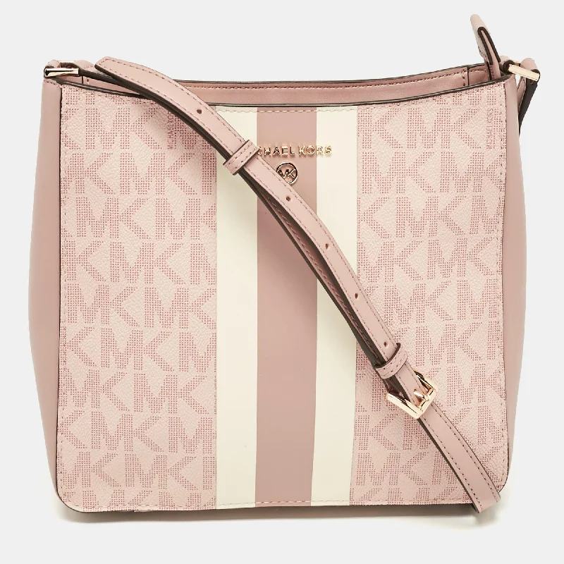 Michael Kors Pink Center Stripe Gloria Signature Coated Canvas And Leather Crossbody Bag