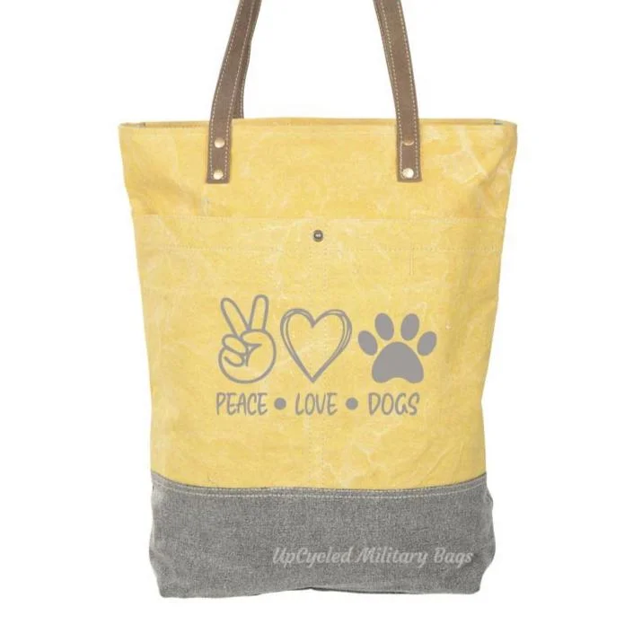 Peace Love and Dogs Eco-Friendly Yellow Weekender Tote with Crossbody Strap