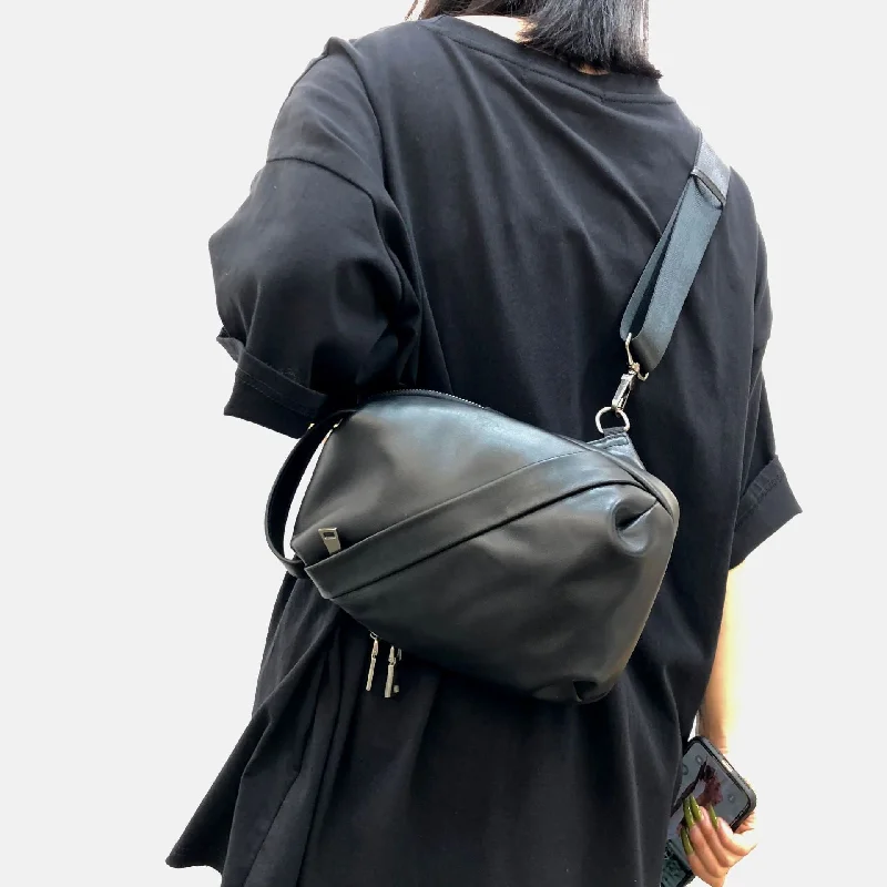 Small Womens Leather Chest Backpack Purse Black Sling Bags