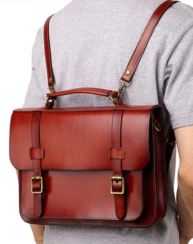 Men's Coffee Leather Convertible Backpack Messenger Bag Stachel Bag For Men