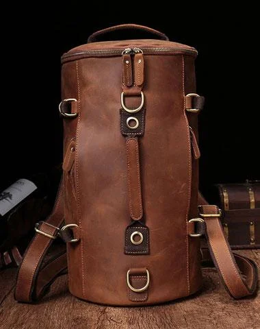 Cool Mens Leather Barrel Backpack Overnight Bag Travel Backpack Weekender Bag for men