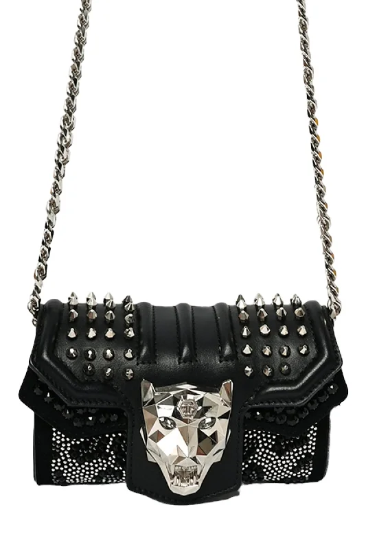 Philipp Plein Black Leather Crystal Embellished Crossbody