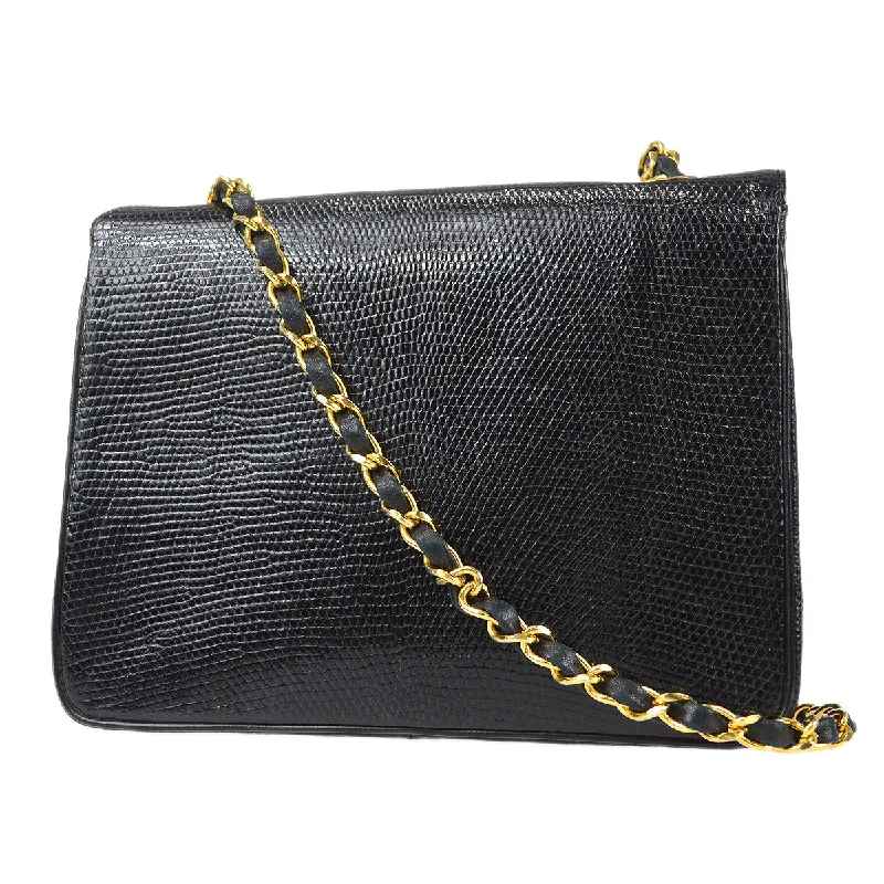 CHANEL * 1989-1991 Classic Square Flap 20 Black Lizard 87982