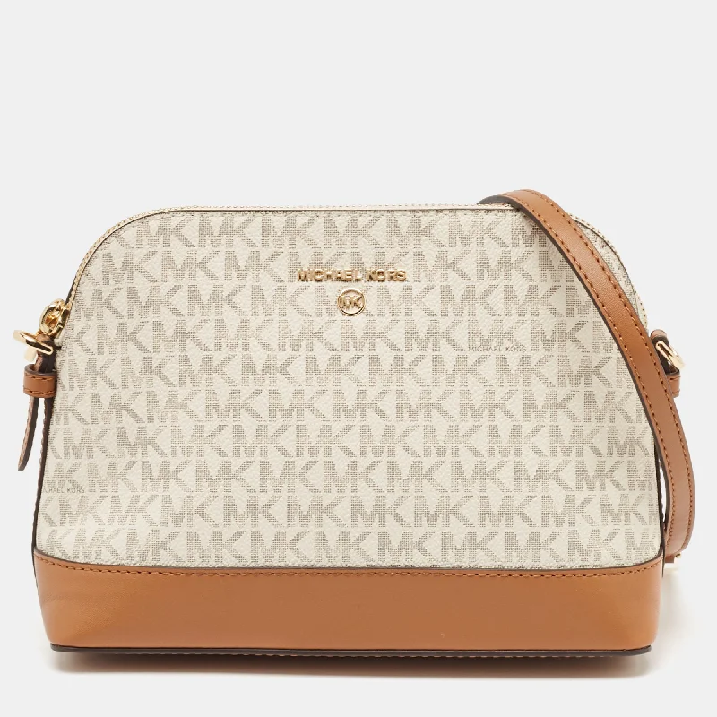 Michael Kors White/brown Signature Coated Canvas And Leather Dome Crossbody Bag