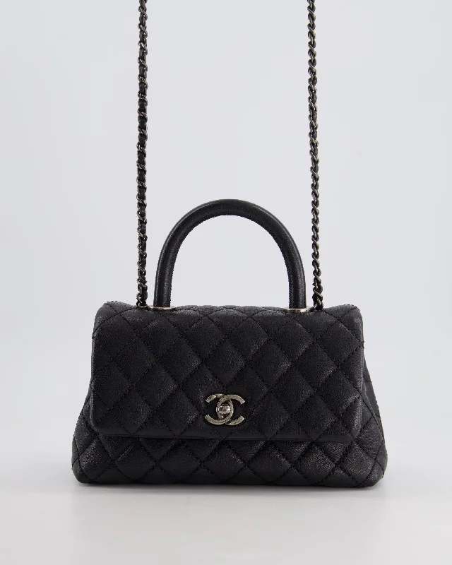 *FIRE PRICE* Chanel Black Small Caviar Quilted Coco Handle Flap Bag with Black Calfskin Handle and Ruthenium Hardware