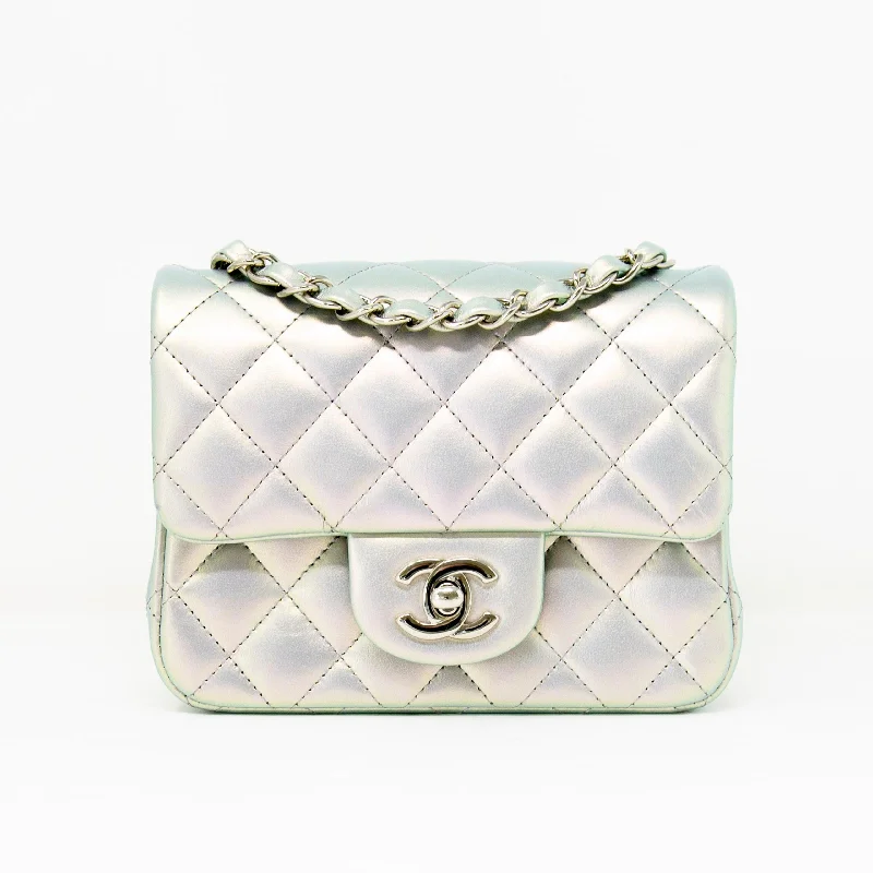 Chanel Silver Iridescent Lambskin Mini Square Flap