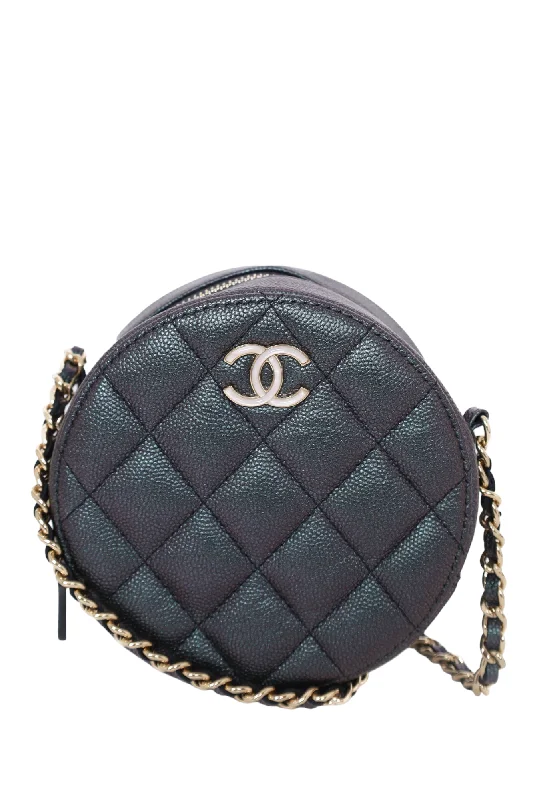 Pre-Loved Chanel™ 2018/19 Dark Iridescent Caviar Quilted Round Clutch with Chain