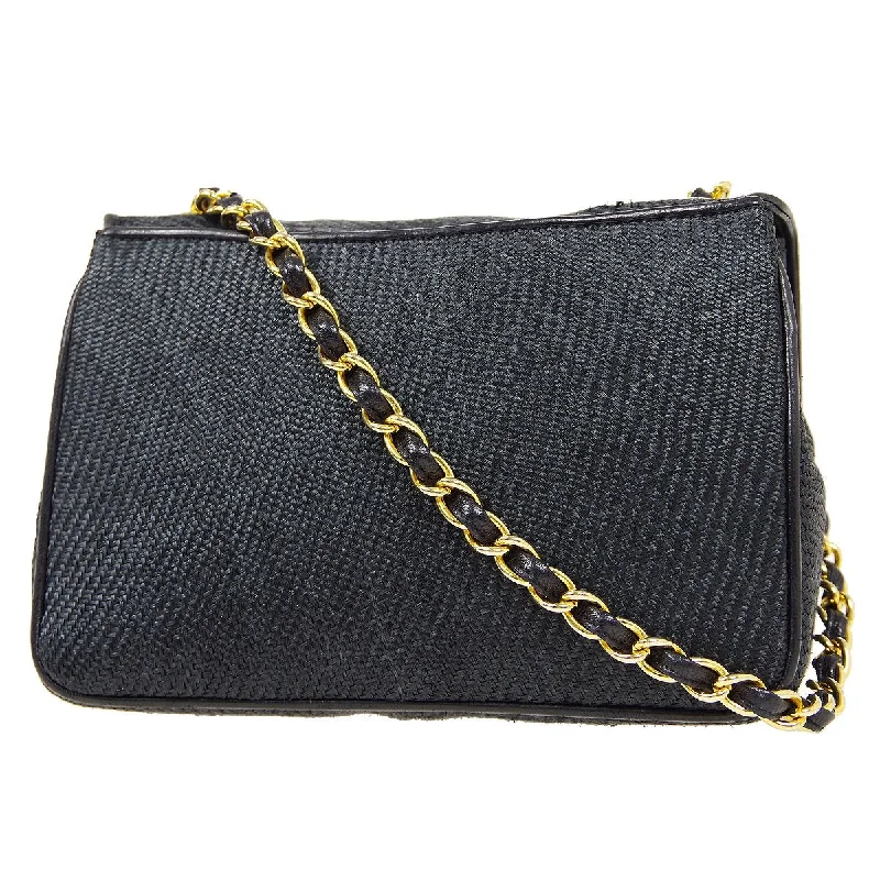 CHANEL 1986-1988 CC Stitch Full Flap Mini Black Straw ao34348