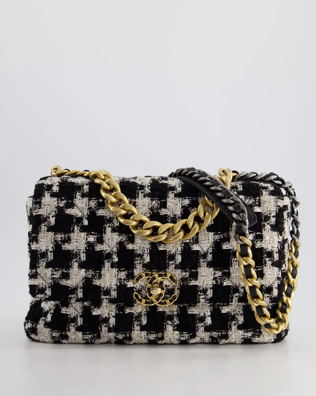 Chanel 19 Black & White Ribbon Houndstooth Tweed Flap Bag