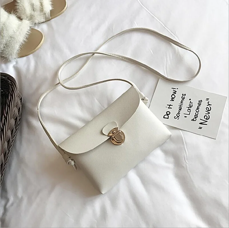 Simple Pure Color Women Mini Lock Flap Messenger Bag PU Leather Girls Casual Shoulder Bags Female Small Handbags