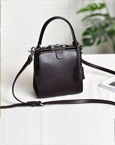 Womens Coffee Leather Doctor Handbag Purses Square Doctor Crossbody Purse for Women