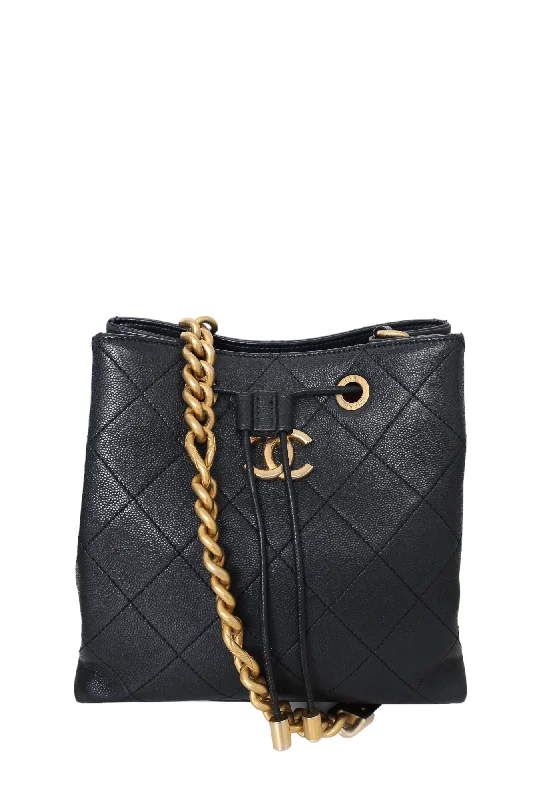 Pre-loved Chanel™ 2021 Black Quilted Caviar CC Drawstring Handle Bucket Bag