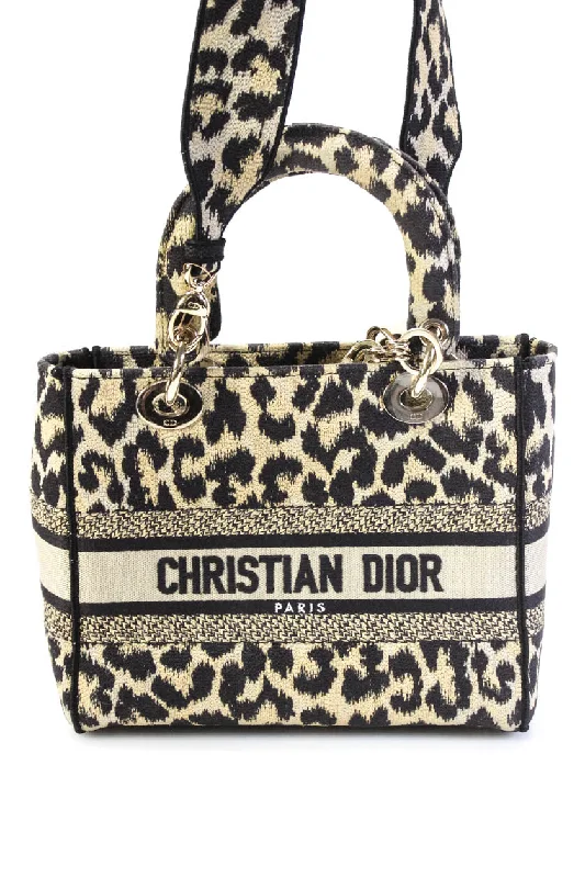 Christian Dior Womens Canvas Lady Dior Leopard Bag Beige Two Way Strap Handbag