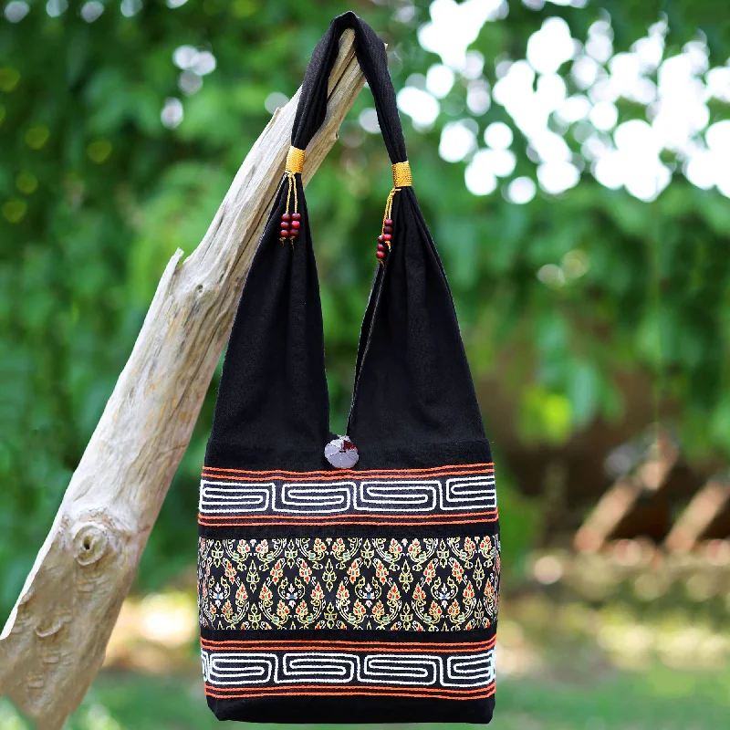 Charming Thai In Black Cotton Blend Shoulder Bag