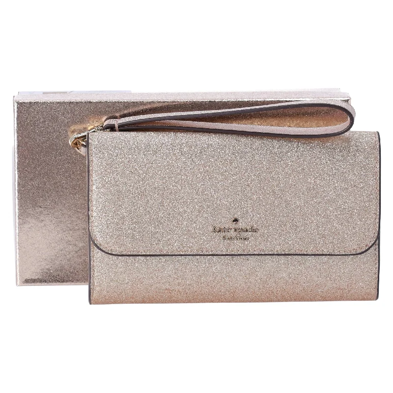 Kate Spade Glimmer Boxed Medium Flap Phone Wristlet Wallet Gold Glitter Holiday