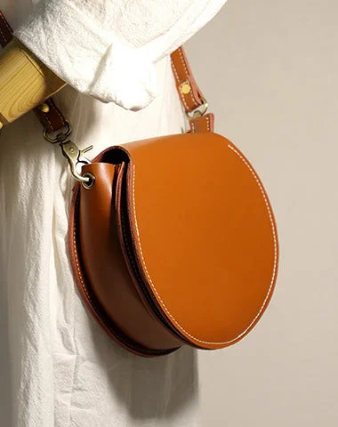 Cute Brown LEATHER Around Side Bag Handmade WOMEN Circle Crossbody BAG Phone Purse FOR WOMEN