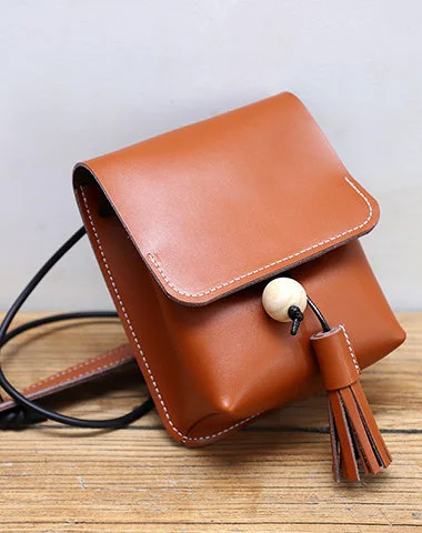 Cute Brown LEATHER Small Side Bag Handmade WOMEN Phone Crossbody BAG Purse FOR WOMEN