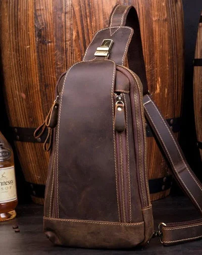 Cool Brown Leather Mens Sling Bag Sling Pack Crossbody Backpack Chest Bag for men