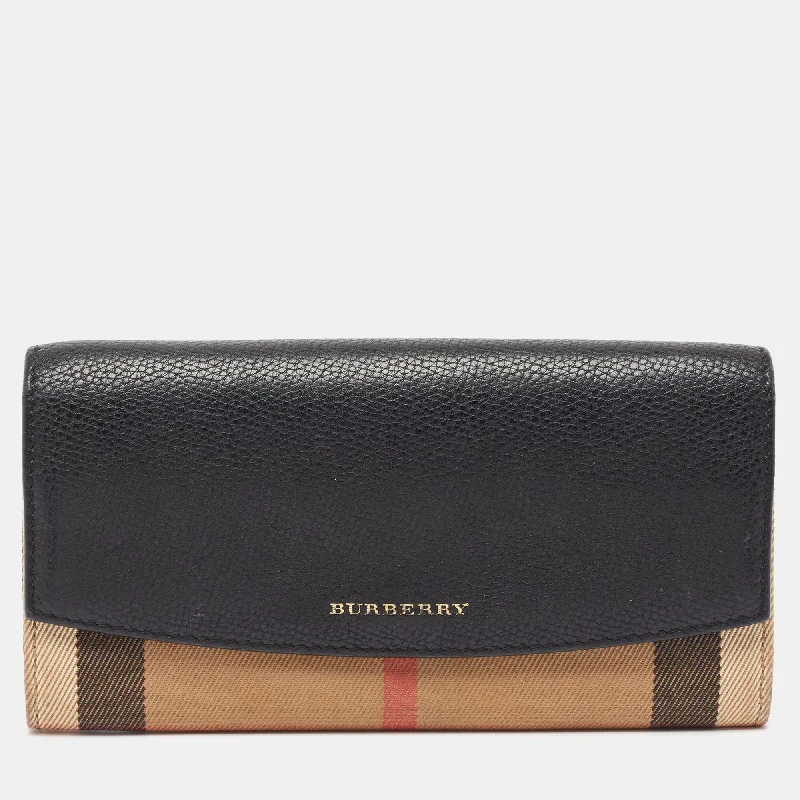 BURBERRY Black/Beige House Check Canvas and Leather Flap Continental Wallet