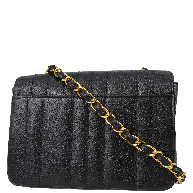 Chanel * 1994-1996 Black Caviar Mini Vertical Stitch Straight Flap Bag