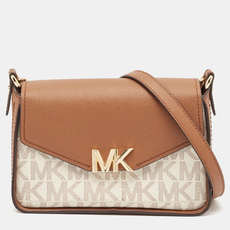 Michael Kors Brown/white Signature Coated Canvas And Leather Sylvia Crossbody Bag