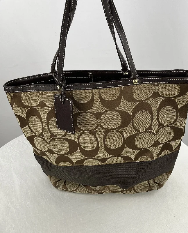 COACH Women's Tan Signature Logo Canvas Leather Shoulder Bag #10125