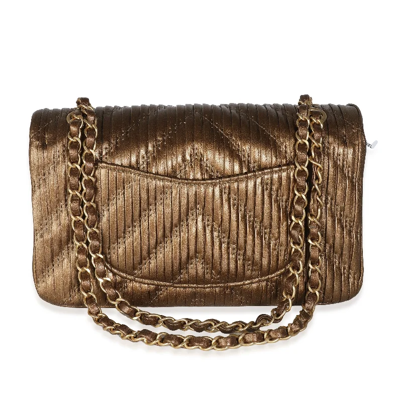 CHANEL 18C Bronze Chevron Pleated Calfskin Medium Classic Double Flap Bag