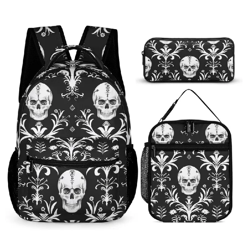 Experience the power of the Skull On Black Background Three Piece Backpack, Lunch Bag & Pencil Case