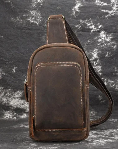 Dark Brown Leather Men's Sling Bag Sling Pack Leather Chest Bag One Strap Backpack For Men