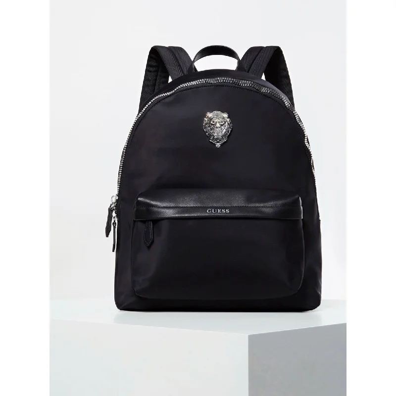 Guess King Men's Nylon Backpack In Black With Lion Metal Logo