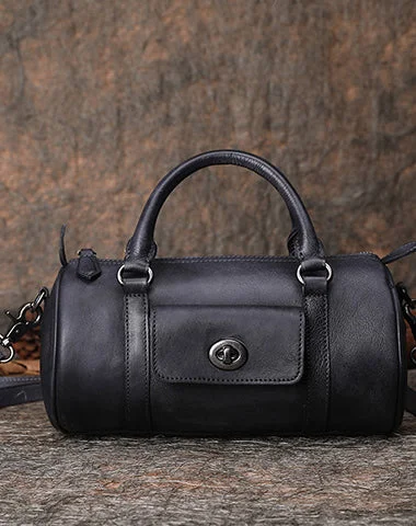 Black Gray Leather Womens Barrel Handbag Handmade Barrel Handbag Crossbody Purse for Ladies