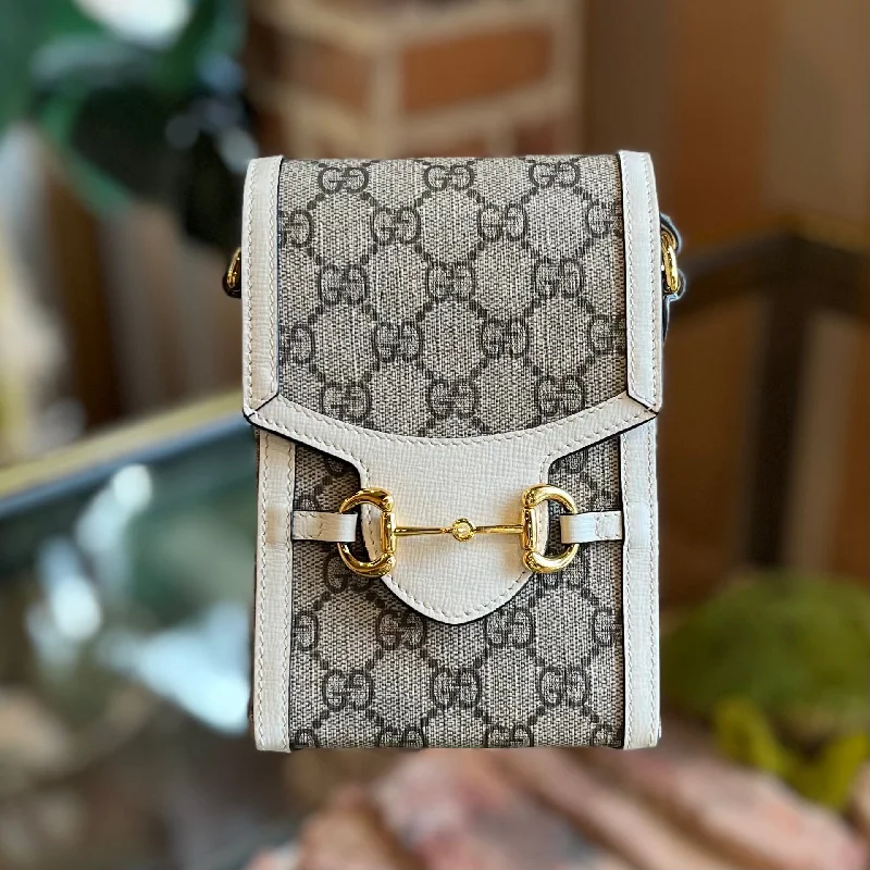 GUCCI Horsebit 1955 White and Beige GG Supreme Phone Crossbody