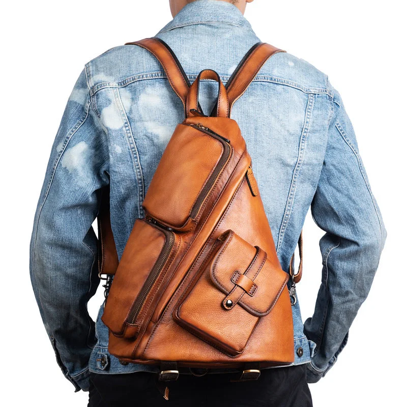 Large Men's Sling Bag Leather Convertible Big Sling Bag Backpack For Men