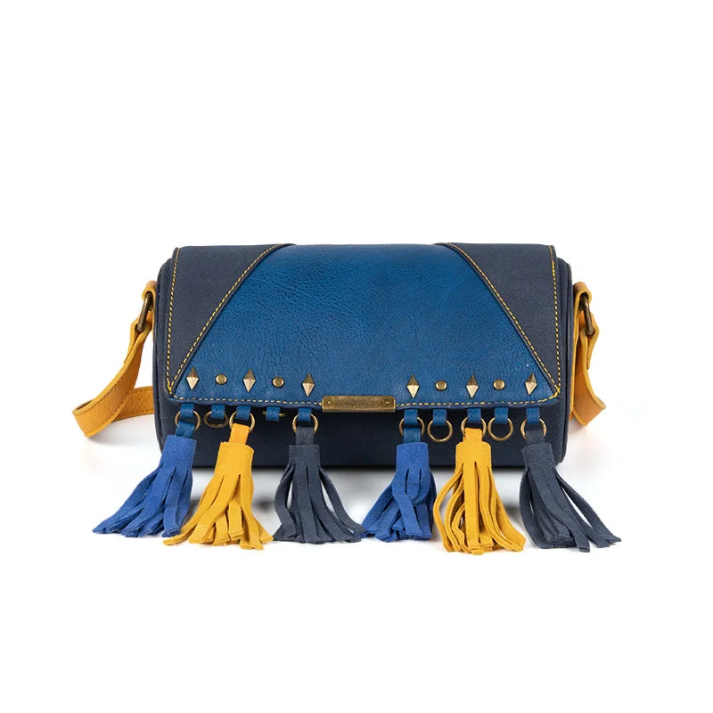 Mini Ladies Blue Faux Leather Fringe Crossbody Bag Barrel Purse Crossbody Boho Bag