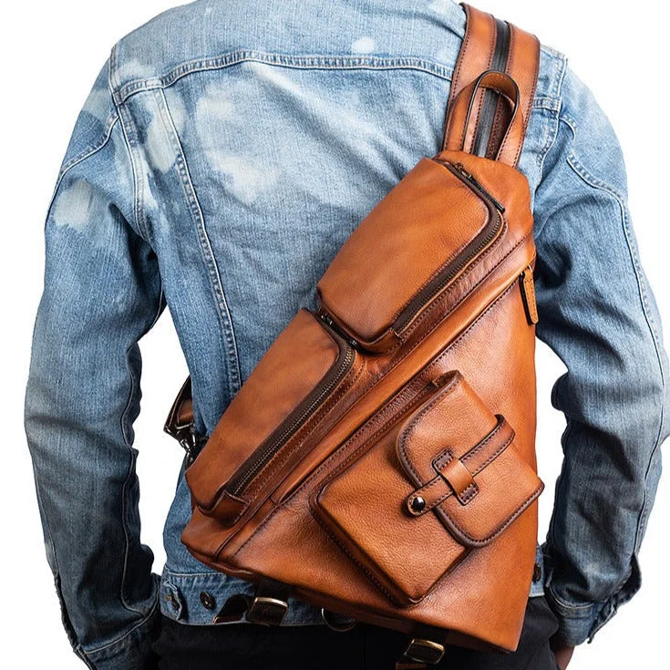 Men's Brown Leather Sling Bag Large Convertible Cool Backpacks Sling Crossbody Pack For Men