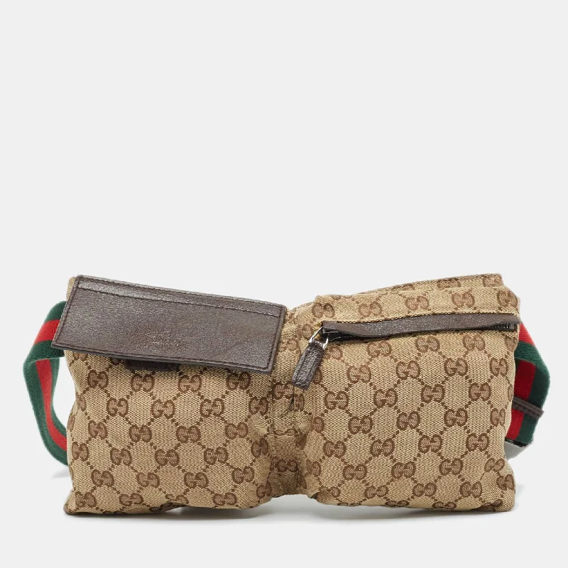 Gucci Beige/brown Gg Canvas And Leather Double Pocket Belt Bag