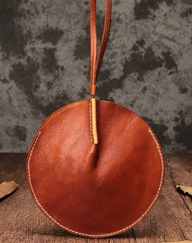 Brown Leather Womens Round Handbag Wristlet Purse Mini Circle Purse For Women