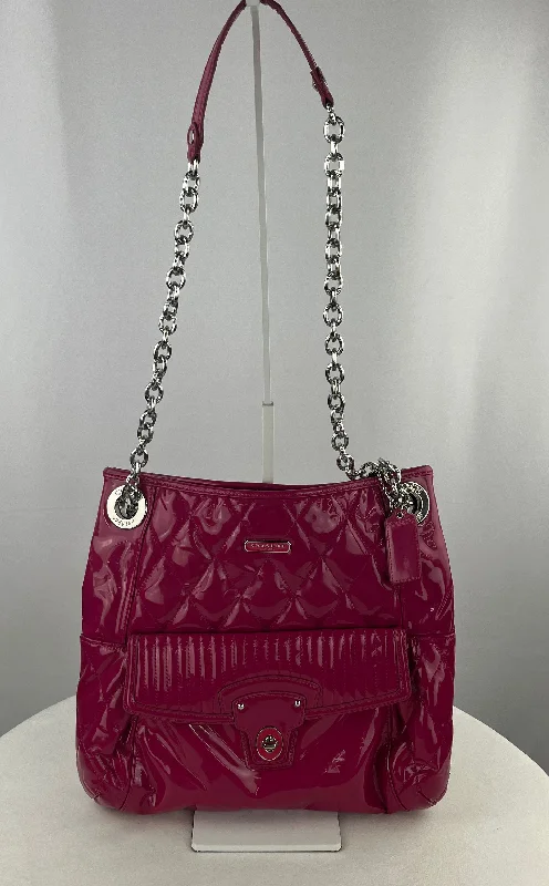 COACH Women's Large Pink Poppy Patent Leather Adjustable Shoulder Bag Purse