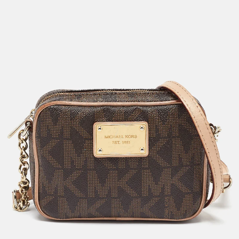 Michael Kors Beige/brown Signature Coated Canvas And Leather Mini Camera Crossbody Bag