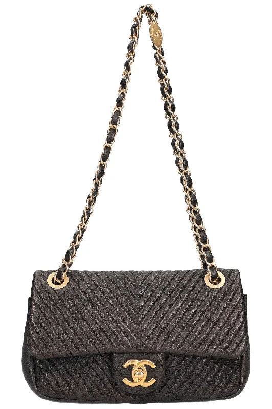 CHANEL Chevron Single Flap Quilted Goat Skin Black