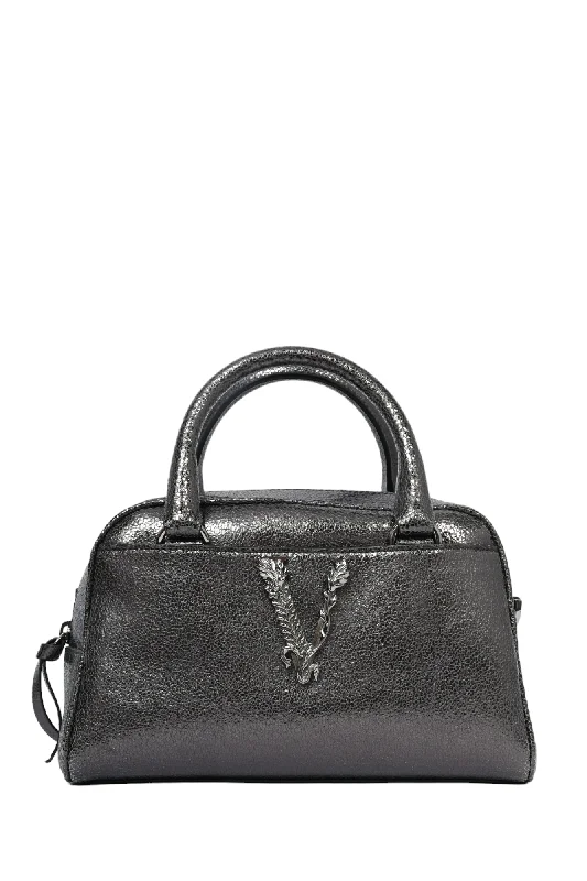 Versace Gunmetal Crackle Leather Small Virtus Bowling Bag with Strap