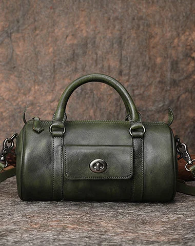 Green Leather Womens Barrel Handbag Handmade Barrel Handbag Crossbody Purse for Ladies