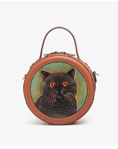 Handmade Womens Black Cat Leather Round Handbag Purse Round Crossbody Bag for Women