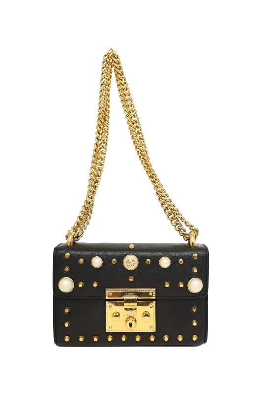 Gucci Black Leather Small Pearly Padlock Chain Bag