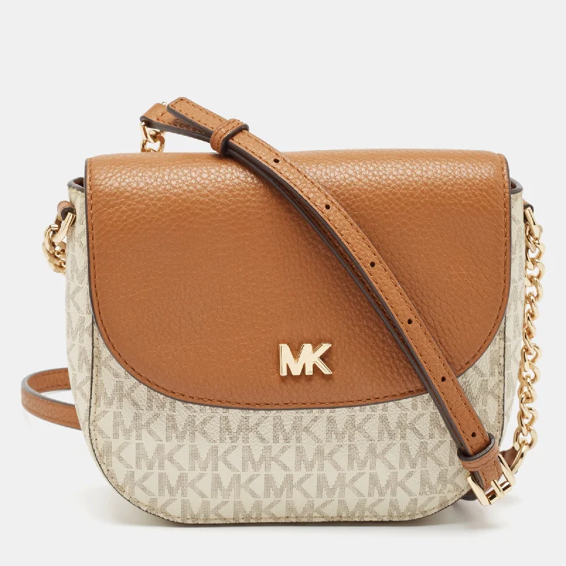 Michael Kors Beige/tan Signature Coated Canvas And Leather Mott Crossbody Bag