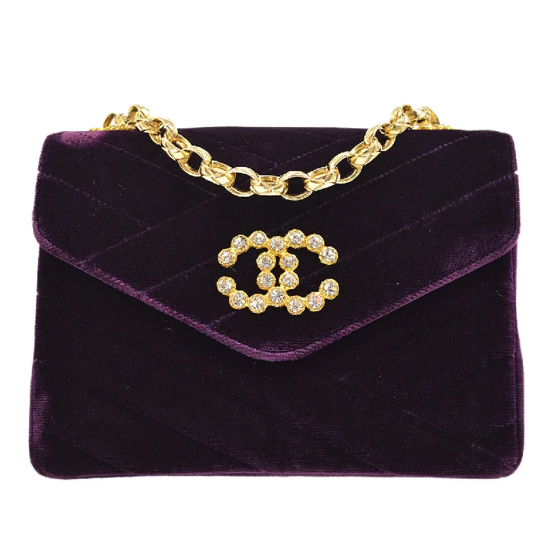 CHANEL * 1991-1994 Purple Velvet Rhinestone CC Diagonal Letter Flap Bag