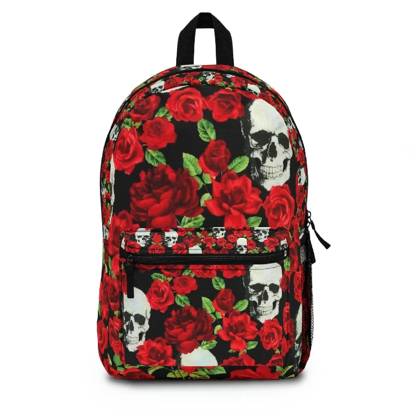 Skull Heads Red Roses Floral Front Pocket Backpack