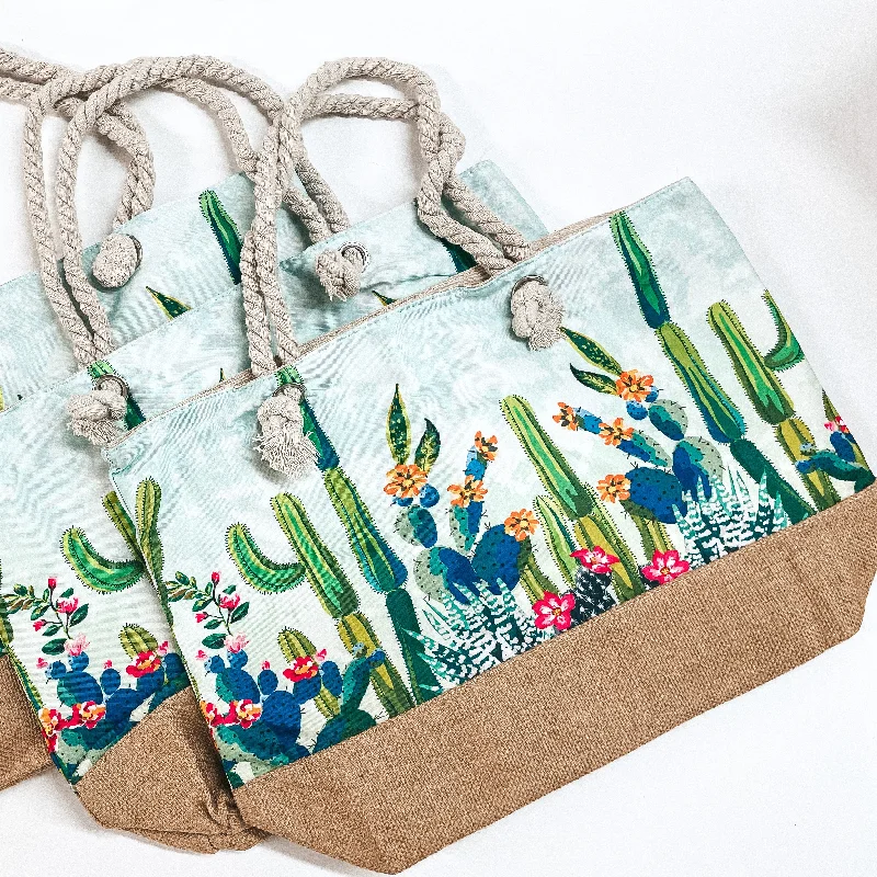 Cute Cactus Tote Bag with Canvas Detailing and Rope Handles