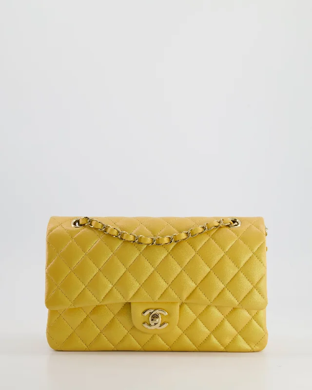 *HOT* Chanel Iridescent Mustard Yellow Medium Double Flap Bag in Lambskin Leather with Champagne Gold Hardware